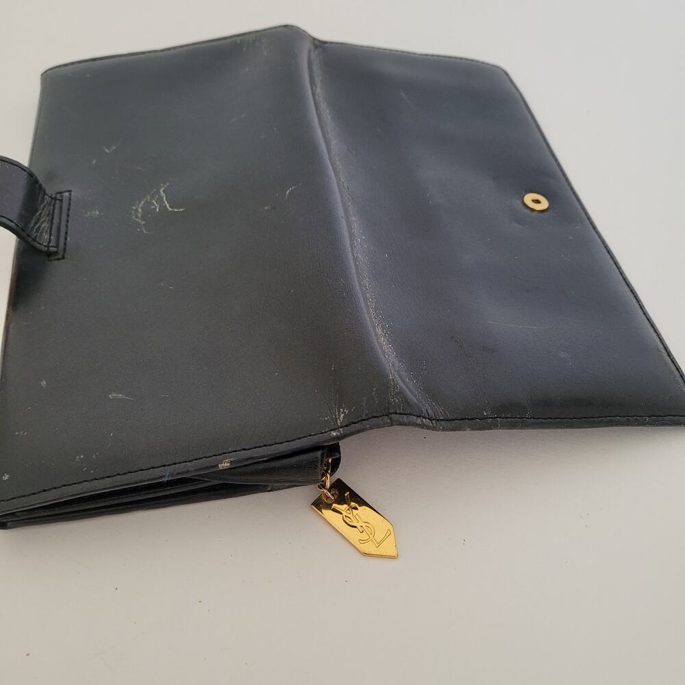 Yves Saint Laurent YSL Vintage Long Large Leather Wallet Black Logo Bifold Retro - Picture 7 of 12